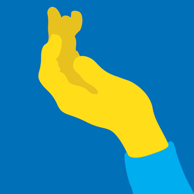 a hand holding a yellow object on a blue background