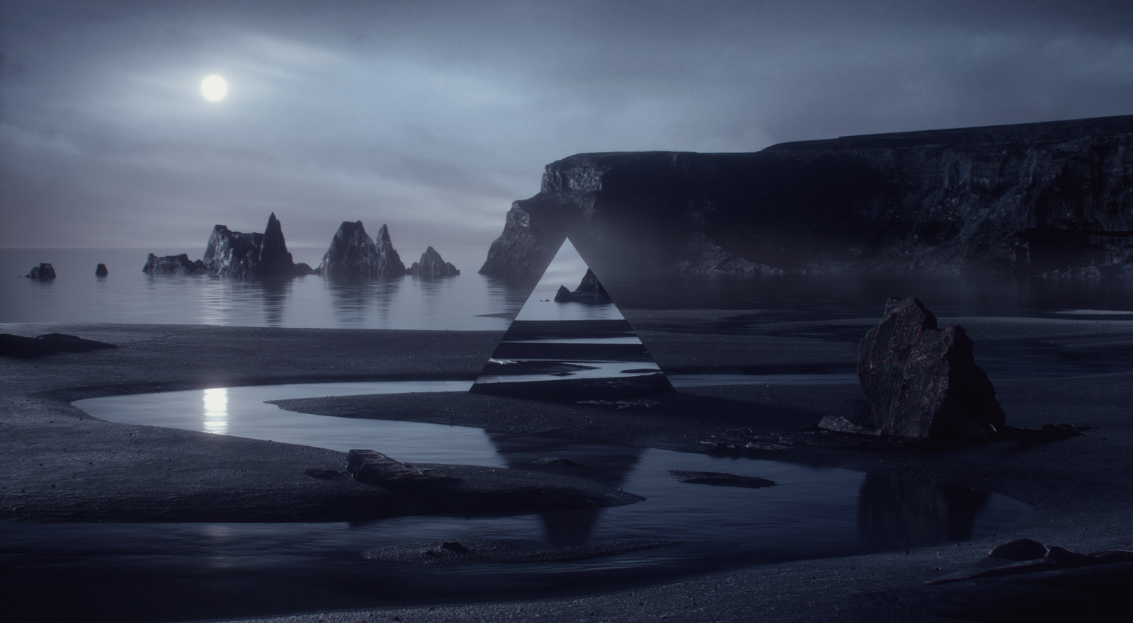 a group of rocks sitting on top of a beach under a cloudy sky