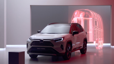 a white suv parked in front of a neon sign