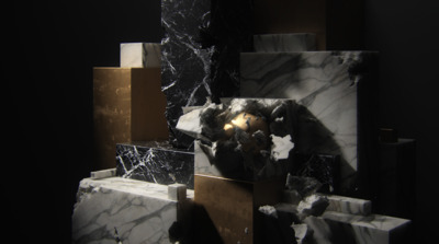 a black and white marble sculpture in a room