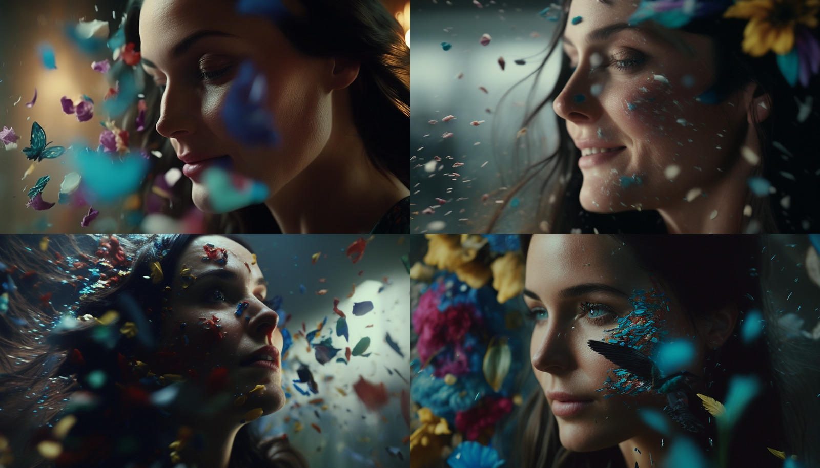 a collage of photos of a woman with butterflies on her face