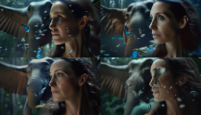 a collage of photos of a woman and elephants