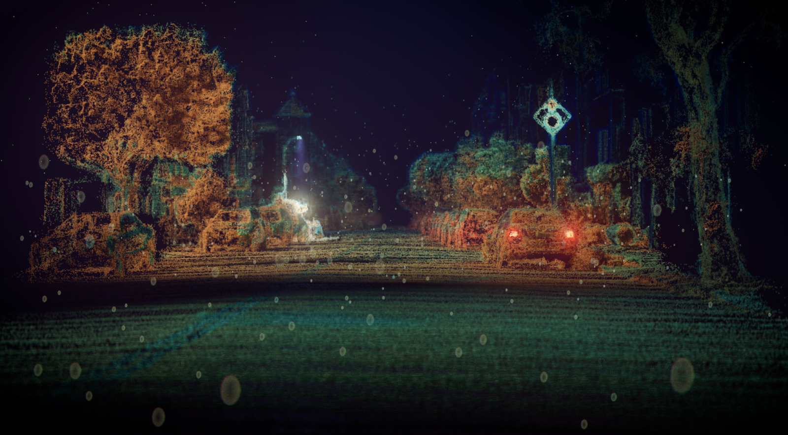 a night scene of a street with a clock tower in the distance