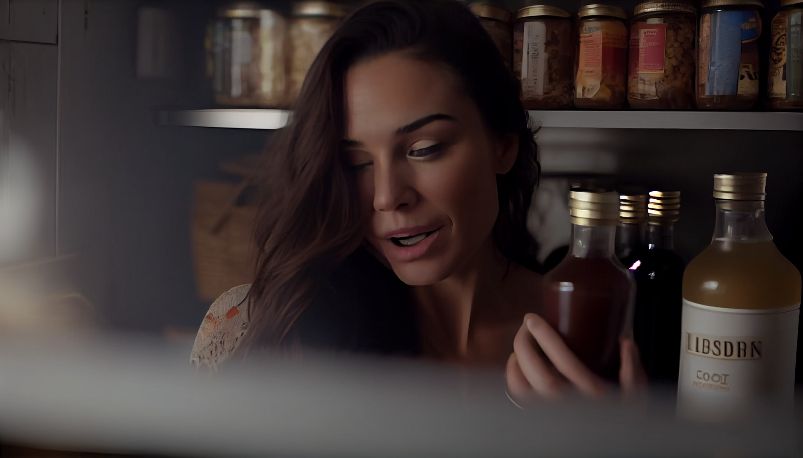 a woman looking at a bottle of liquor