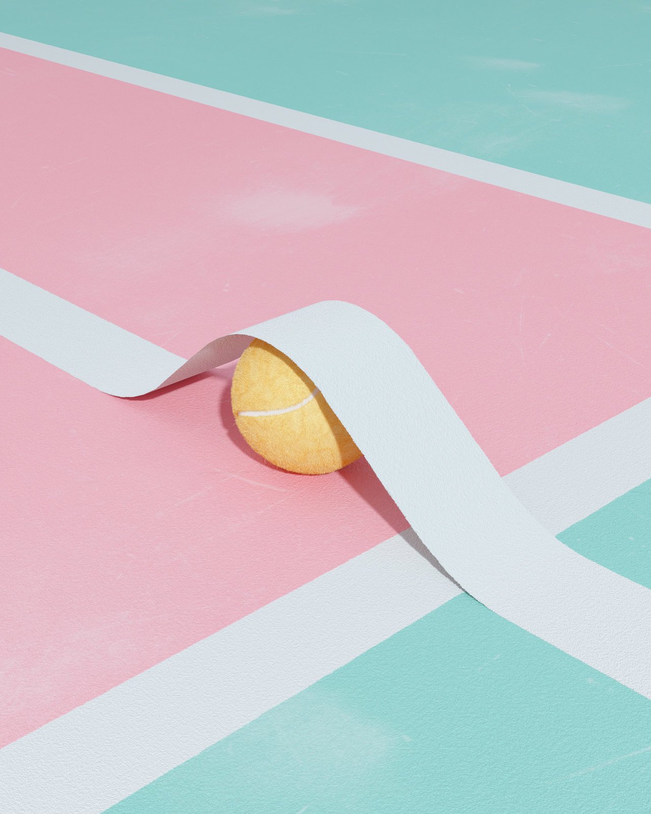 a roll of white tape sitting on top of a pink and blue floor