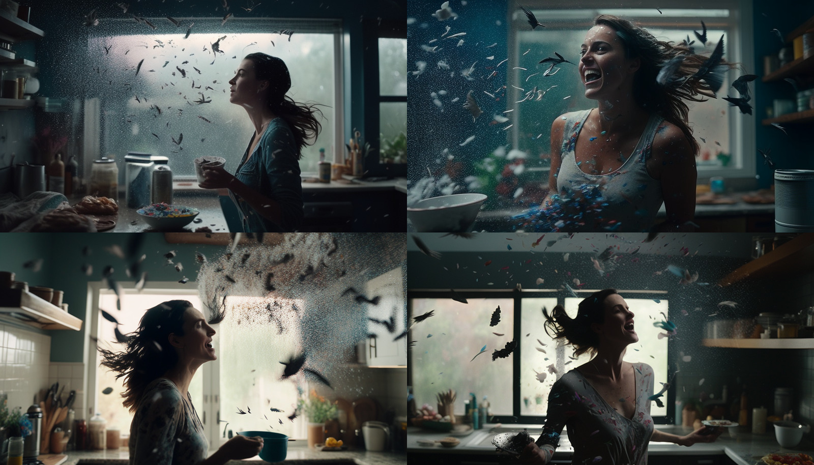 a series of photos of a woman in a kitchen