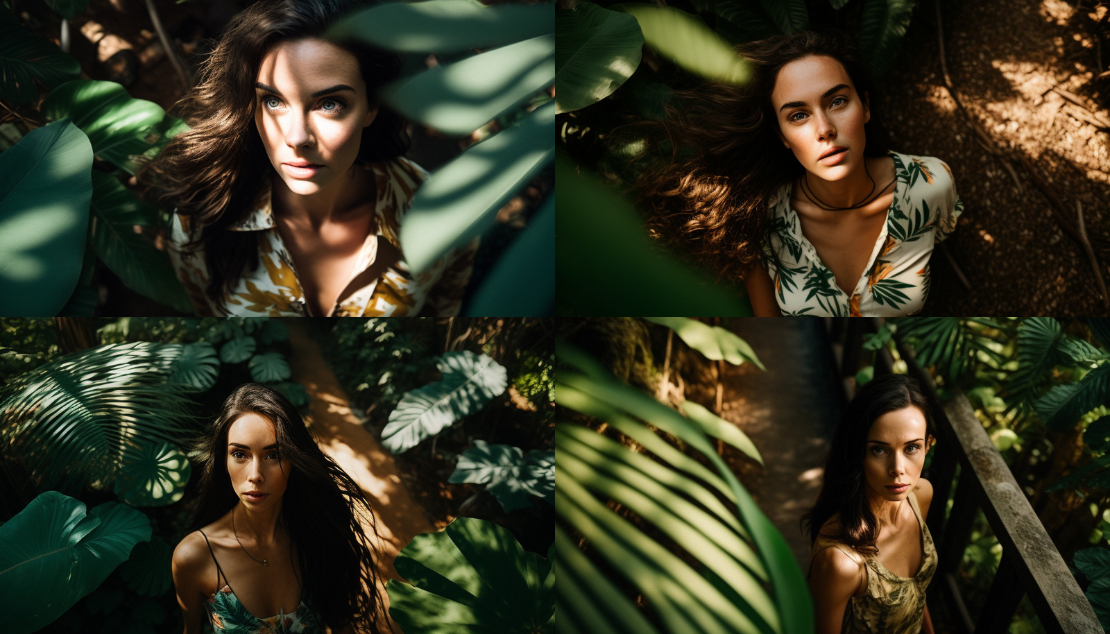 a woman standing in a forest surrounded by leaves