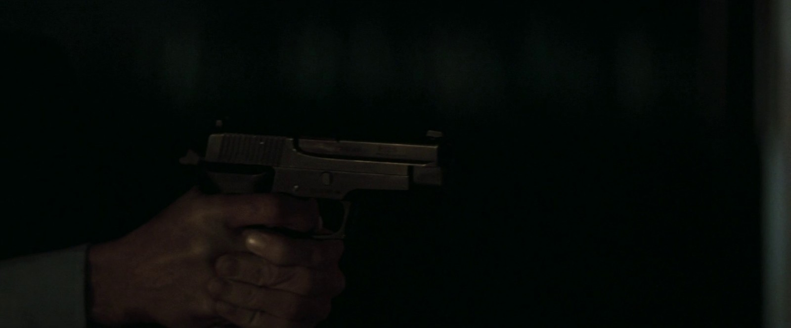 a person holding a gun in a dark room