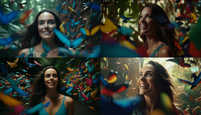 a collage of photos of a woman surrounded by birds