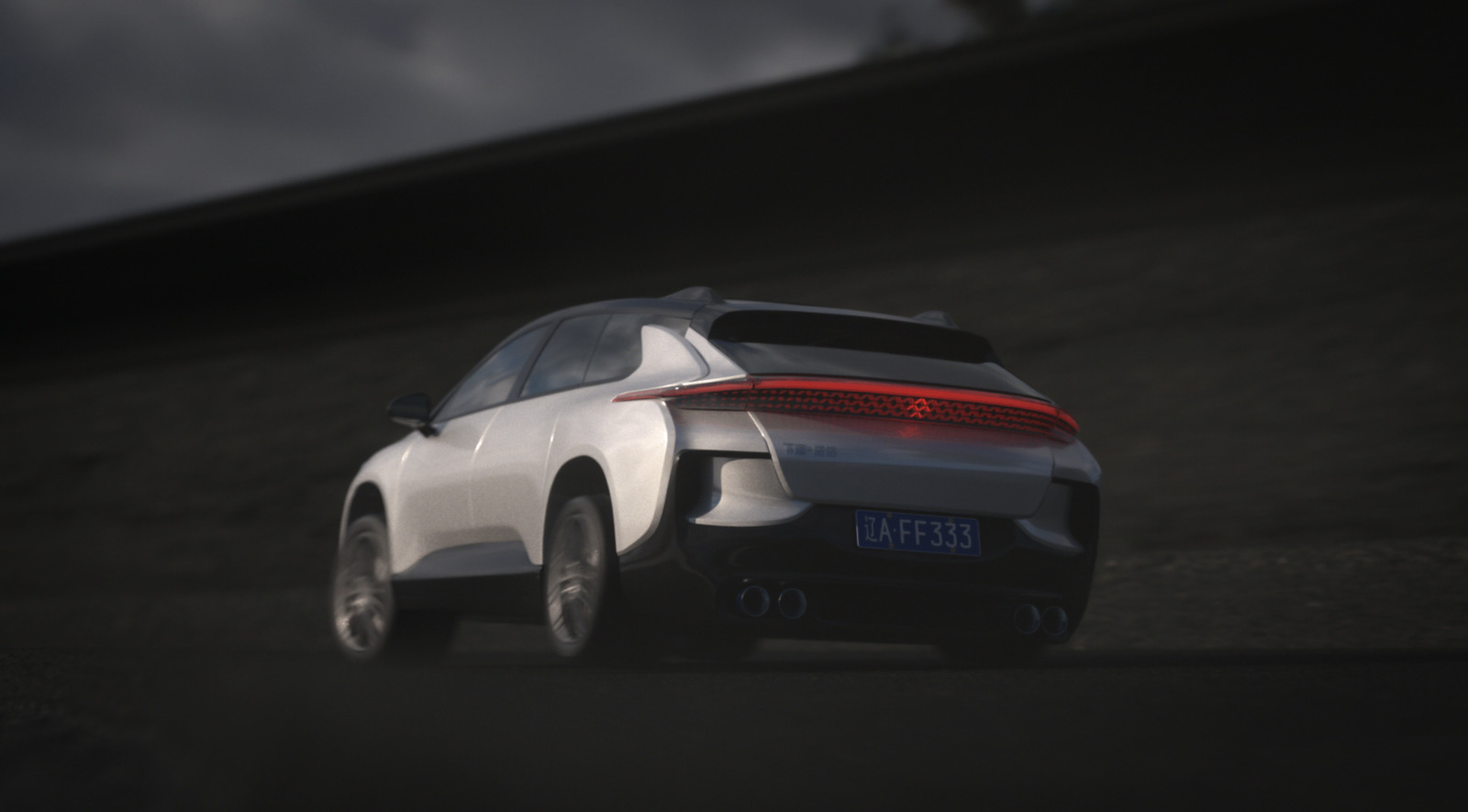 a white car driving down a road under a cloudy sky