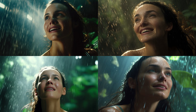 two pictures of a woman in the rain