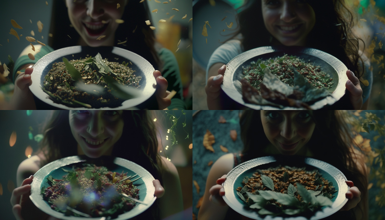 a woman holding a plate of food in front of her face