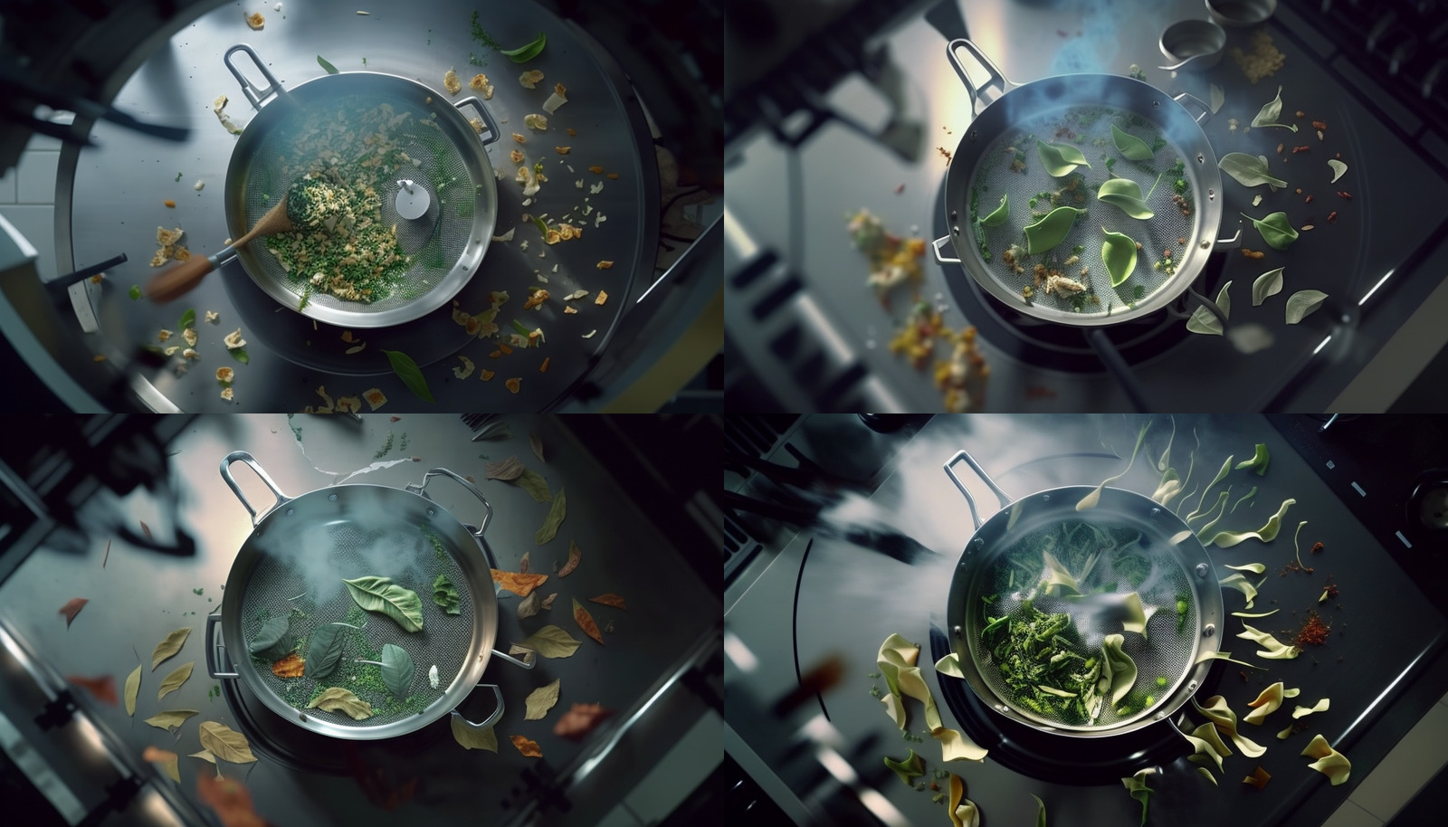 a group of pans filled with food on top of a stove