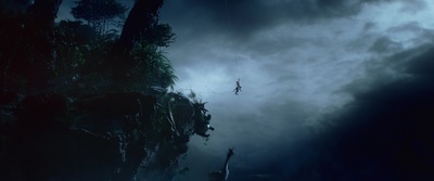 a man is suspended from a rope in a dark forest