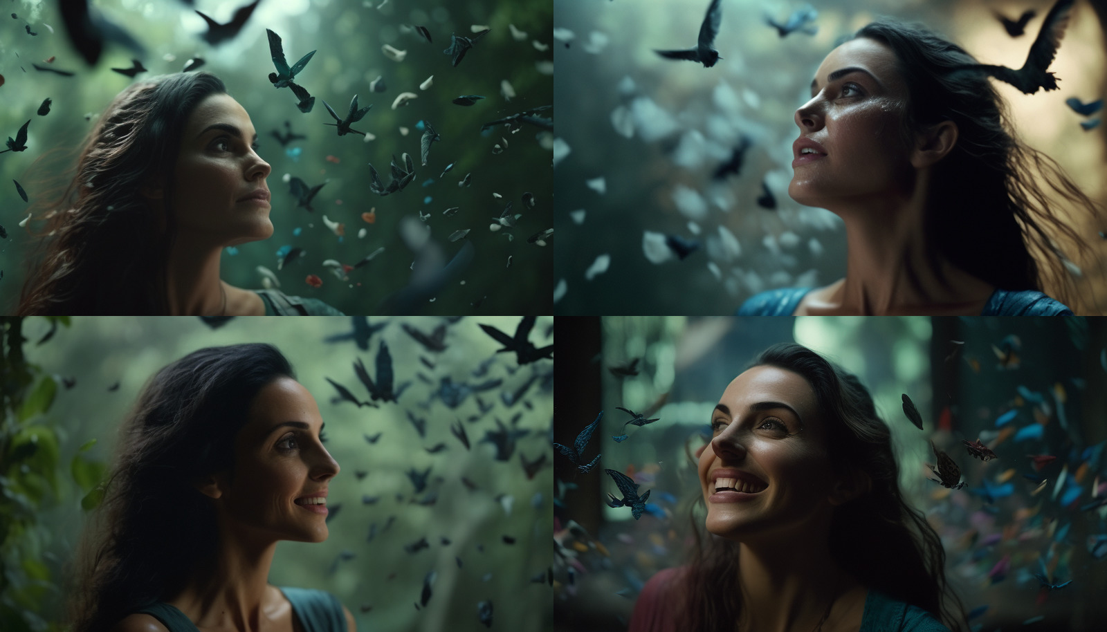 a woman looking up at a bunch of butterflies