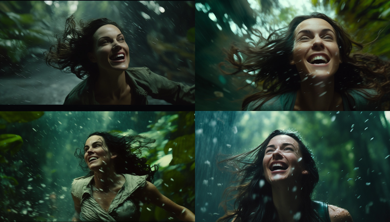 a woman in the rain with her hair blowing in the wind