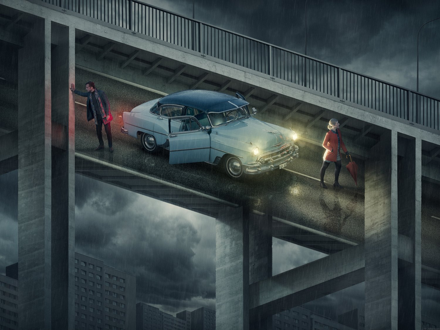 a couple of people walking across a bridge next to a car