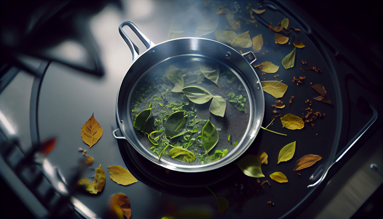 a pot filled with green leaves on top of a stove