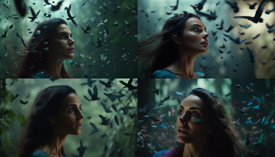 a collage of photos of a woman surrounded by birds