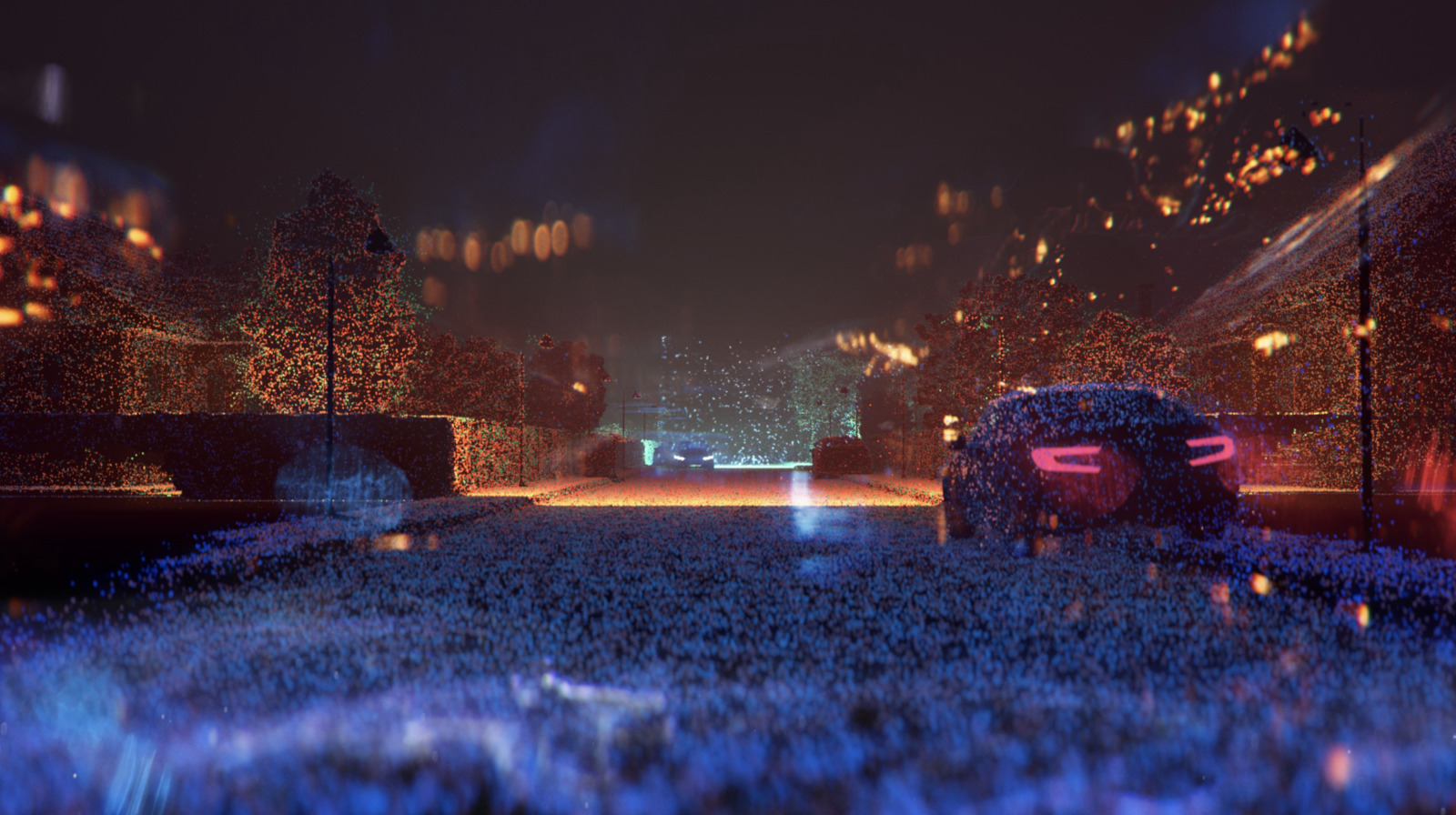 a car driving down a city street at night