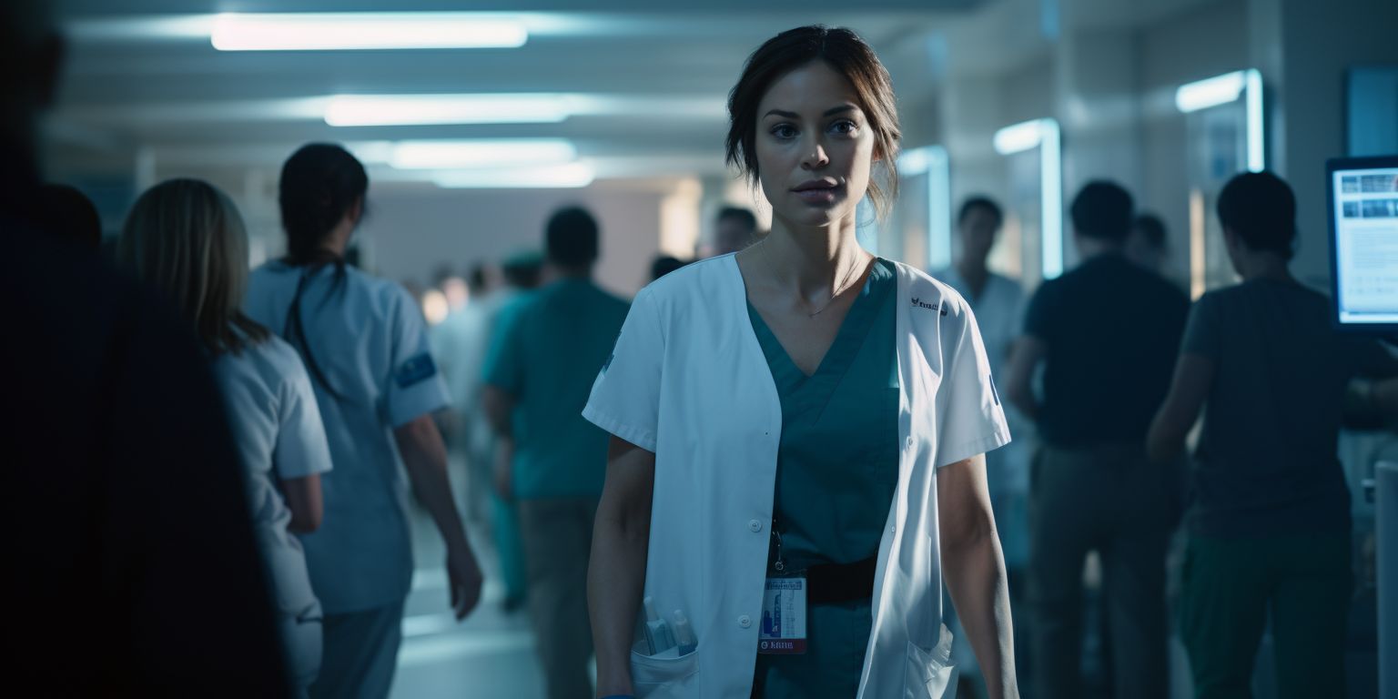 a woman in scrubs walking down a hospital hallway