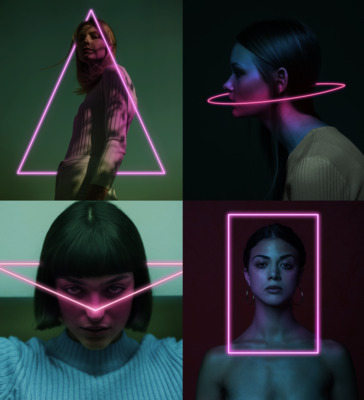 a series of photos of a woman with a neon frame