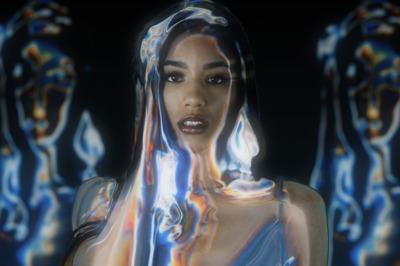 a woman in a futuristic dress with a futuristic background