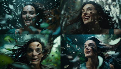 a collage of photos of a woman in the rain