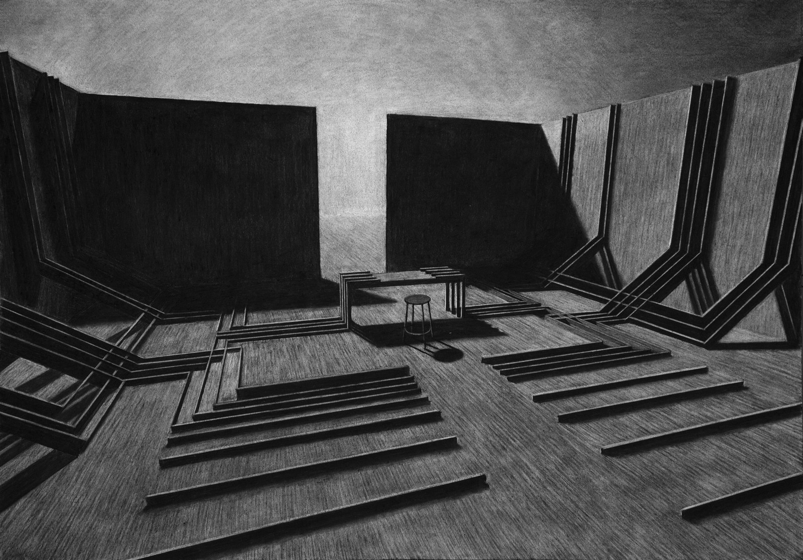 a black and white drawing of a room with chairs