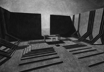 a black and white drawing of a room with chairs