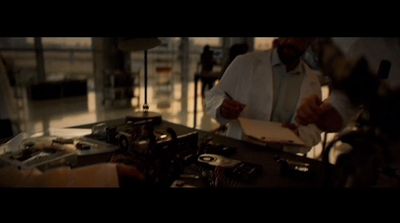 a man in a white shirt and tie making something