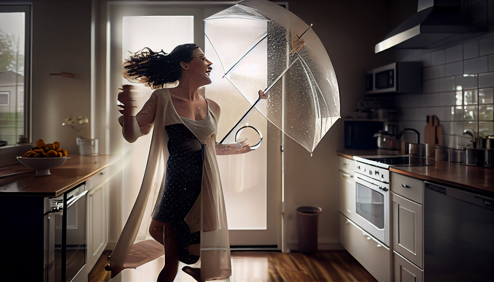 a woman standing in a kitchen holding an umbrella