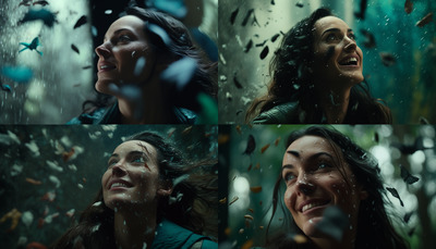 a collage of photos of a woman in the rain