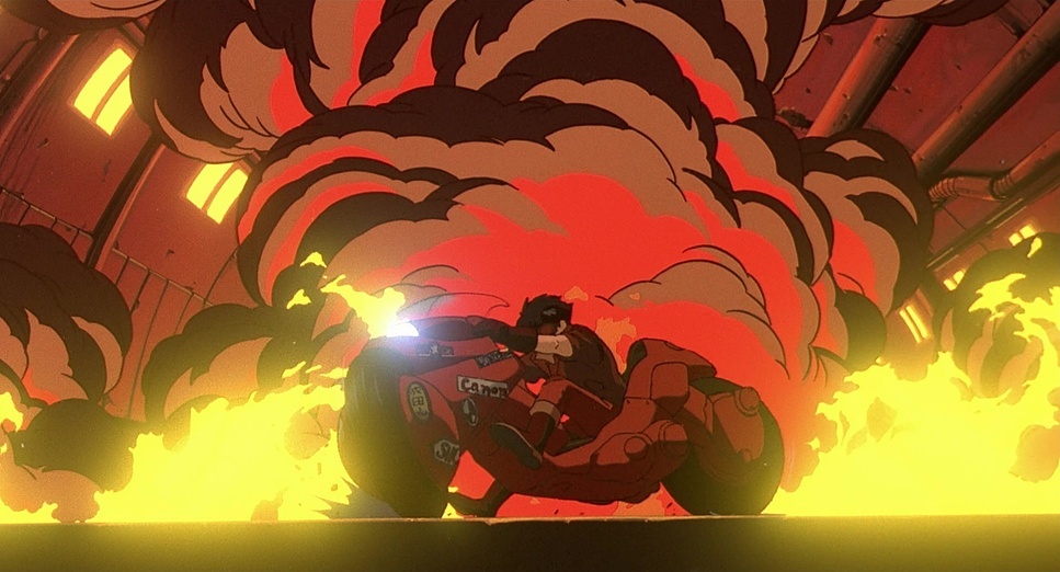 a man riding a motorcycle through a fire filled sky