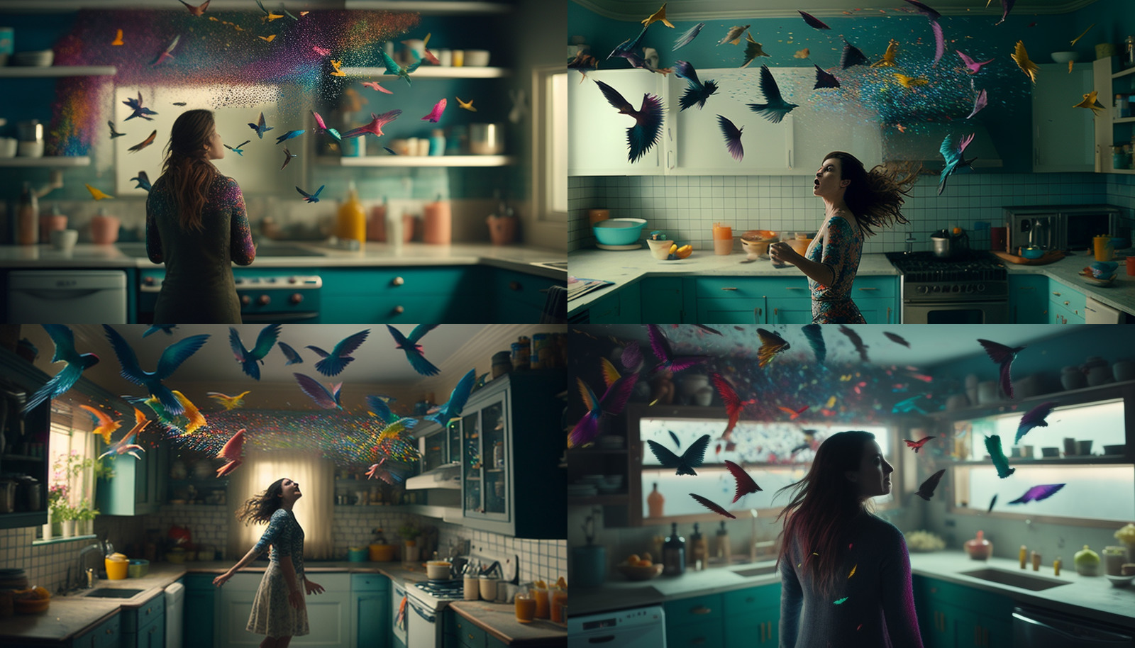 a woman standing in a kitchen surrounded by birds