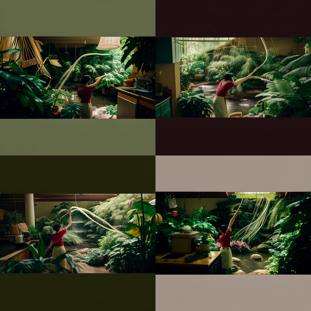 a series of photos of a person in a room with plants