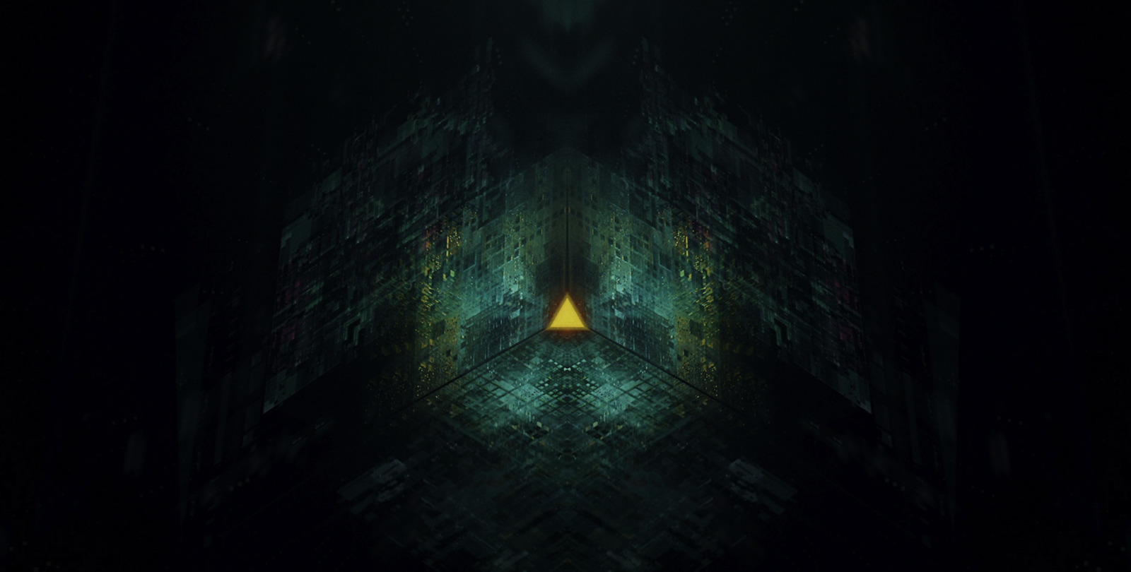 a dark room with a yellow triangle in the center