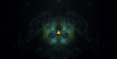 a dark room with a yellow triangle in the center