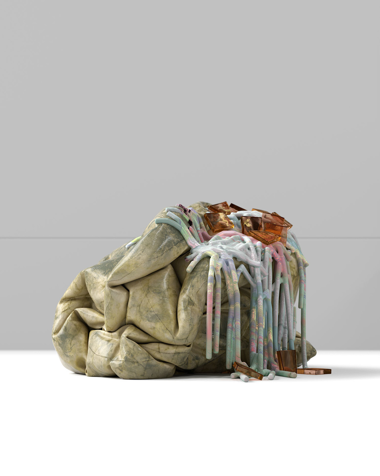 a pile of garbage sitting on top of a white floor