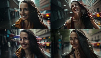 a series of photos of a woman laughing in the rain