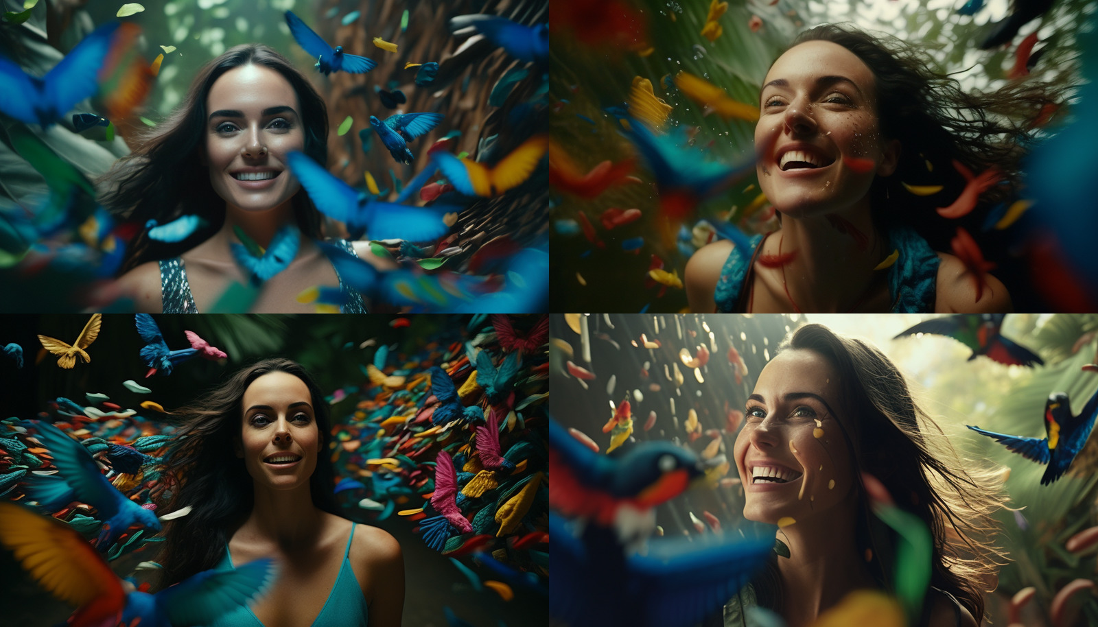 a collage of photos of a woman surrounded by birds