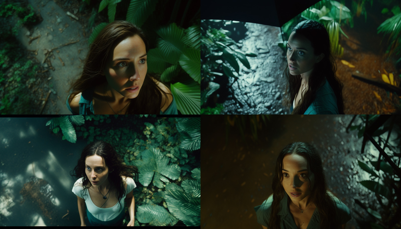 a collage of photos of a woman in a forest