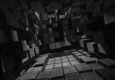 a black and white photo of cubes in a room