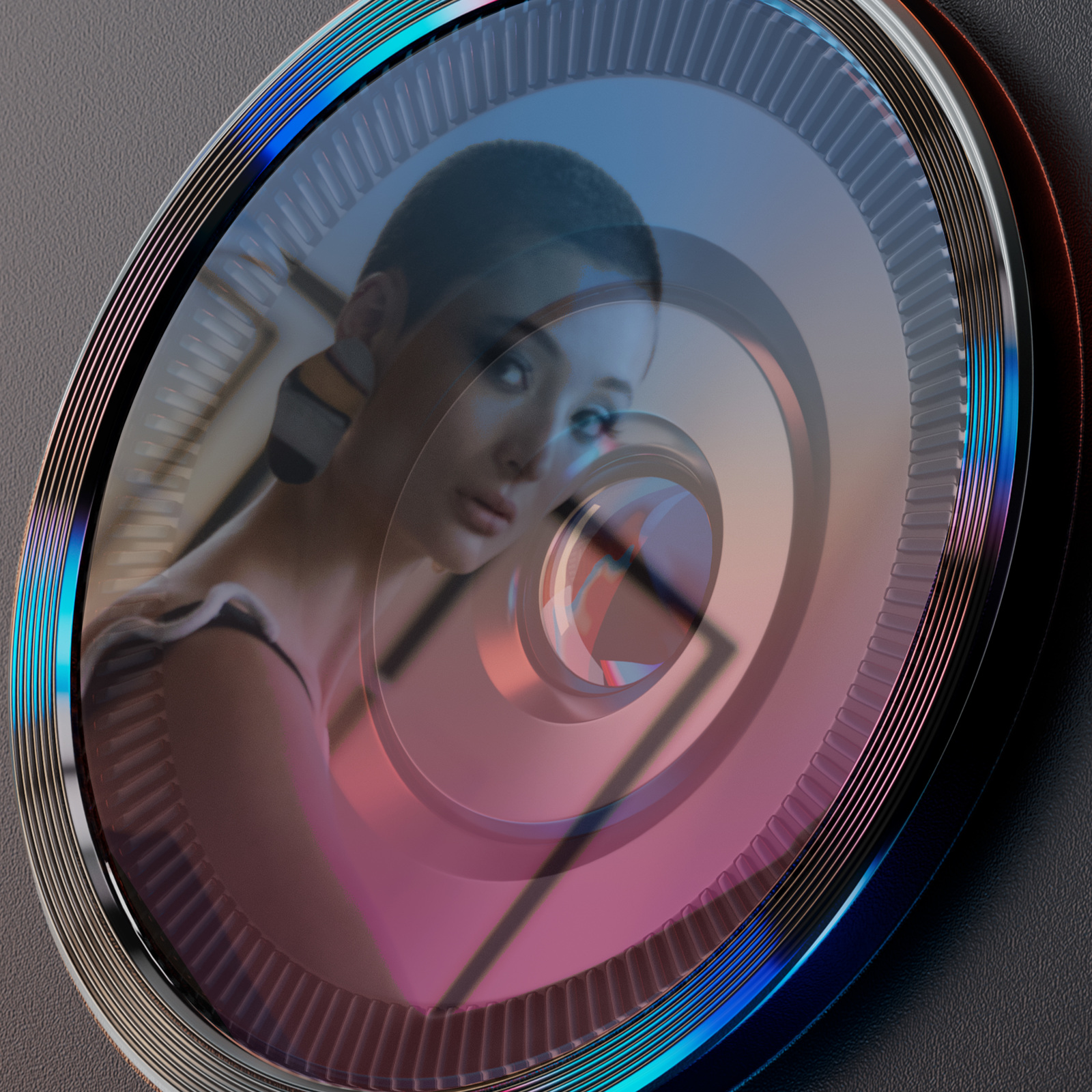 a woman's face is reflected in a circular mirror