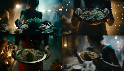 a group of people holding plates of food