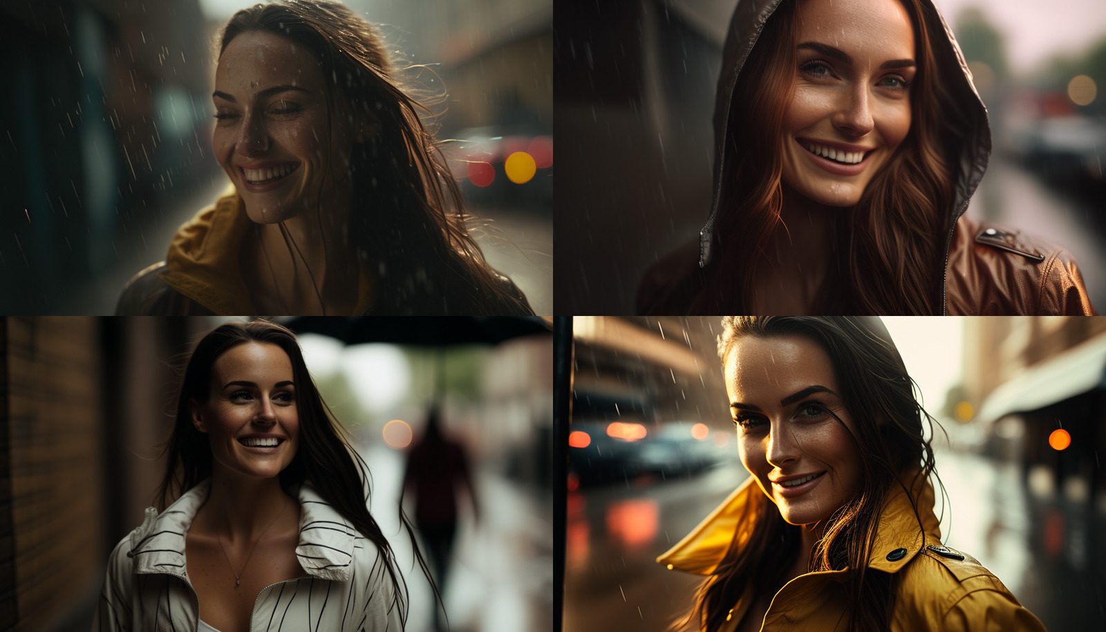 a series of four photos of a woman in the rain