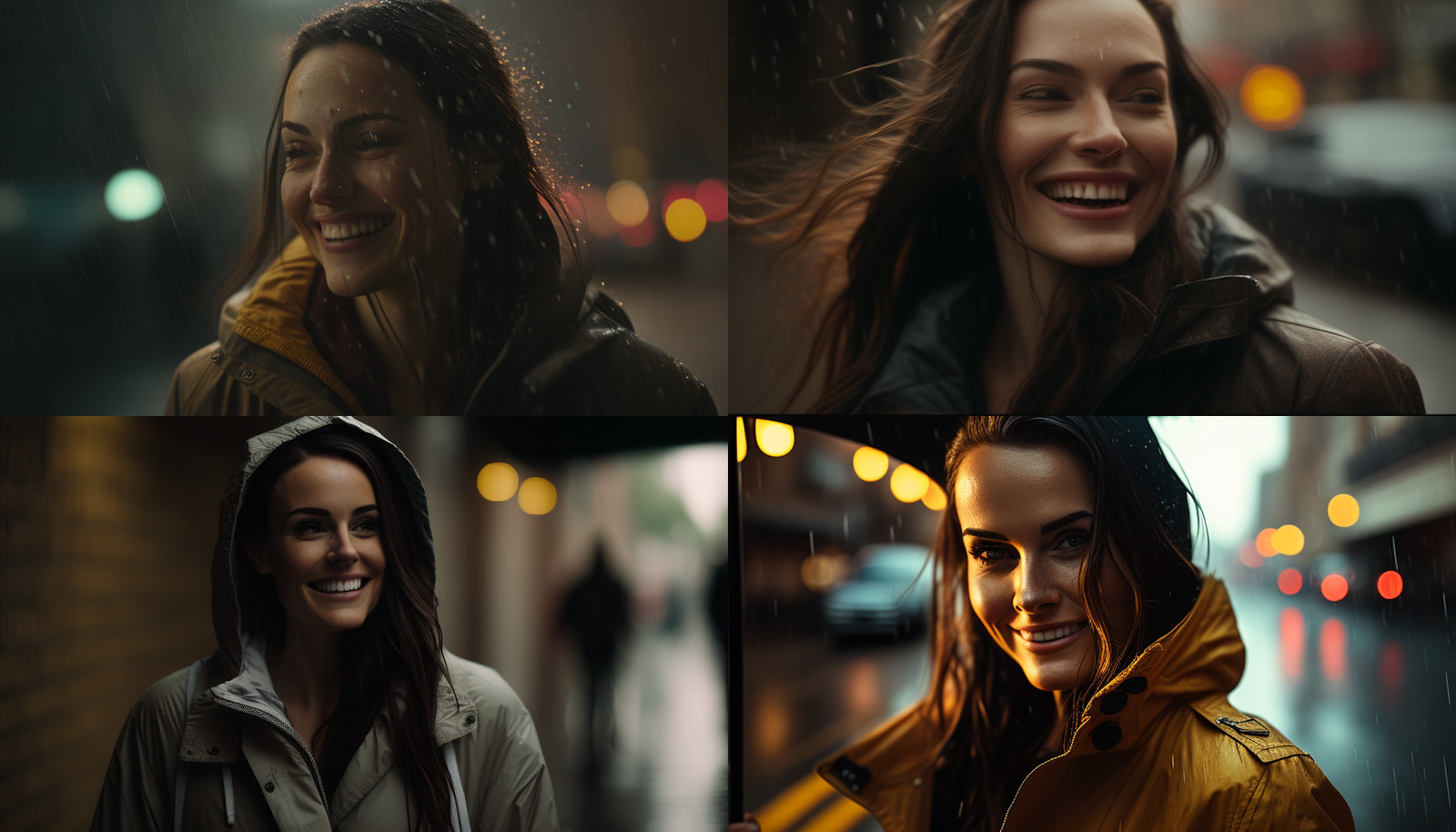 a series of photos of a woman in the rain