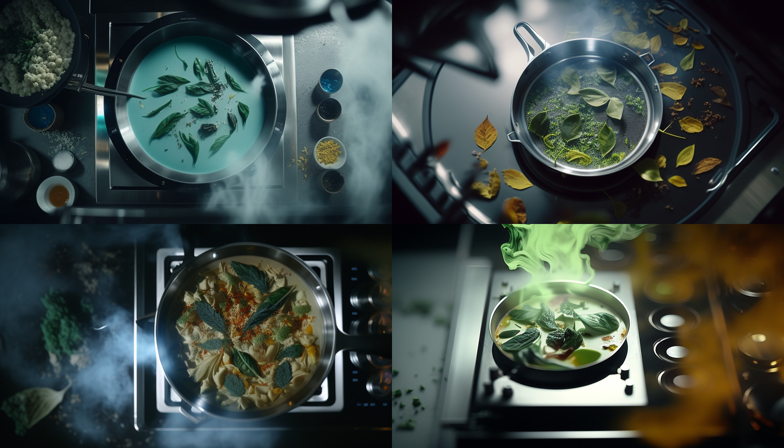 a stove top with a pan of food cooking on top of it