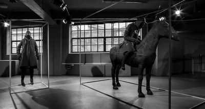 a black and white photo of a horse in a room