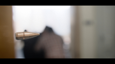 a close up of a bullet with a cat in the background